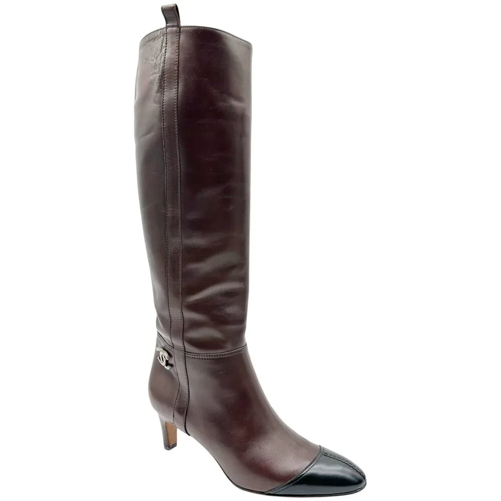 Chanel Brown & Black Leather Heeled Riding Boots